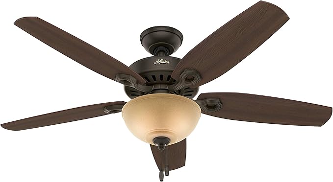 Hunter Builder Deluxe, Indoor, Ceiling Fan, Pull Chain, 52 inch, New Bronze | with LED Light, Standard Mount, 5 Blades, For Bedroom, Living Room, Includes Bulbs, 53091