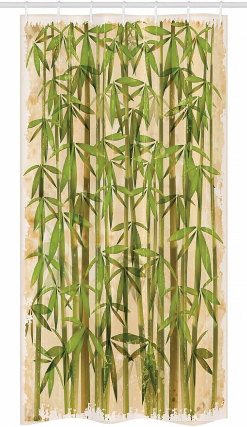 Ambesonne Asian Themed Stall Shower Curtain, Modern Illustration Japanese Woodland Reeds on a Vintage Background Art, Fabric Bathroom Decor Set with Hooks, 36" W x 72" L, Cream and Green