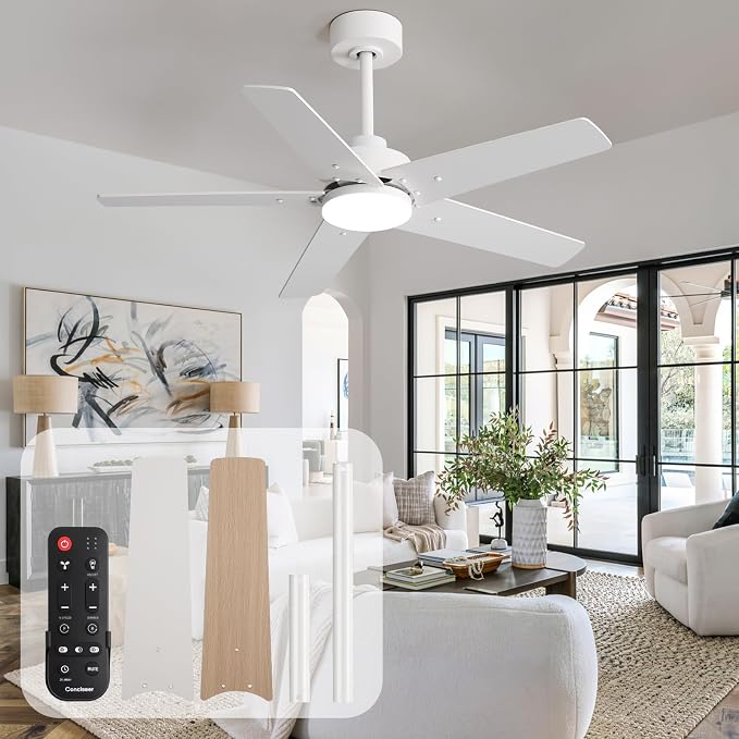 42 Inch Ceiling Fans with Lights and Remote for Bedroom Living Room Kitchen Home Office Indoor/Outdoor, 6CCT Dimmable, Dual Color 5 Blades, 6 Speed Reversible Quiet DC Motor, White/Wood Grain