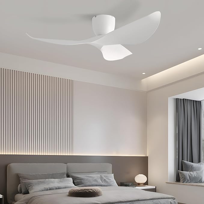 52" White Flush Mount Ceiling Fan with Remote, No Light | Modern Low-Profile, Heat Resistant ABS Blades, 6-Speed Reversible Quiet DC Motor for Balcony, Living Room, Bedroom