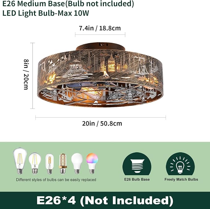 Caged Ceiling Fans with Lights Flush Mount,Low Profile Ceiling Fan with Remote,20 Inch Farmhouse Bronze Fan for Bedroom,6 Speeds Reversible Enclosed Fandalier Ceiling Fan with Bulb