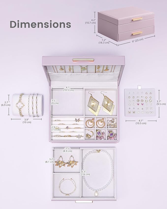 Lolalet 2-Layer Jewelry Box Organizer Holder for Women Girls Mom -Purple | Jewelry Storage Case with Drawers for Necklaces Ring Earrings Bracelet Watch, Gifts Choice for Mom Mother’s Day