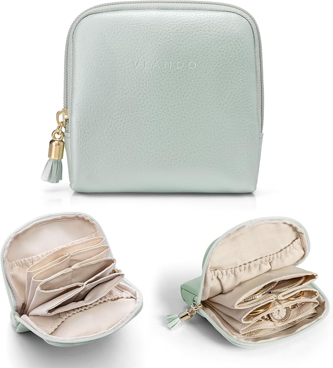 VLANDO Small Jewelry Travel Case,Jewelry Pouch Bags with Zipper,Velvet Jewelry Organizer Storage Bag for Bracelet Rings Earring Travel Essentials Gifts for Women Girl-Mint Green