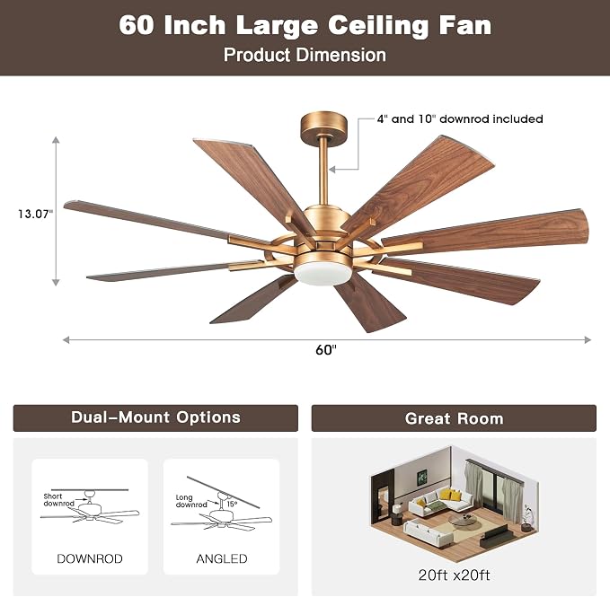 60 Inch Large Gold Ceiling Fan with Lights and Remote, Indoor Industrial Ceiling Fan for Living Room Commercial Garage, Modern High Big Ceiling Fan Quiet DC Motor, 3 CCT, Timer, 6-Speed
