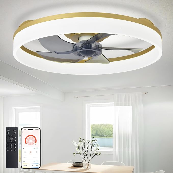 DLLT LED Ceiling Fan with Light: 20" Modern Low Profile Flush Mount Fandelier with App & Remote Control - Dimmable Gold Bladeless Fan Light Fixture for Bedroom Kids Room Living Room