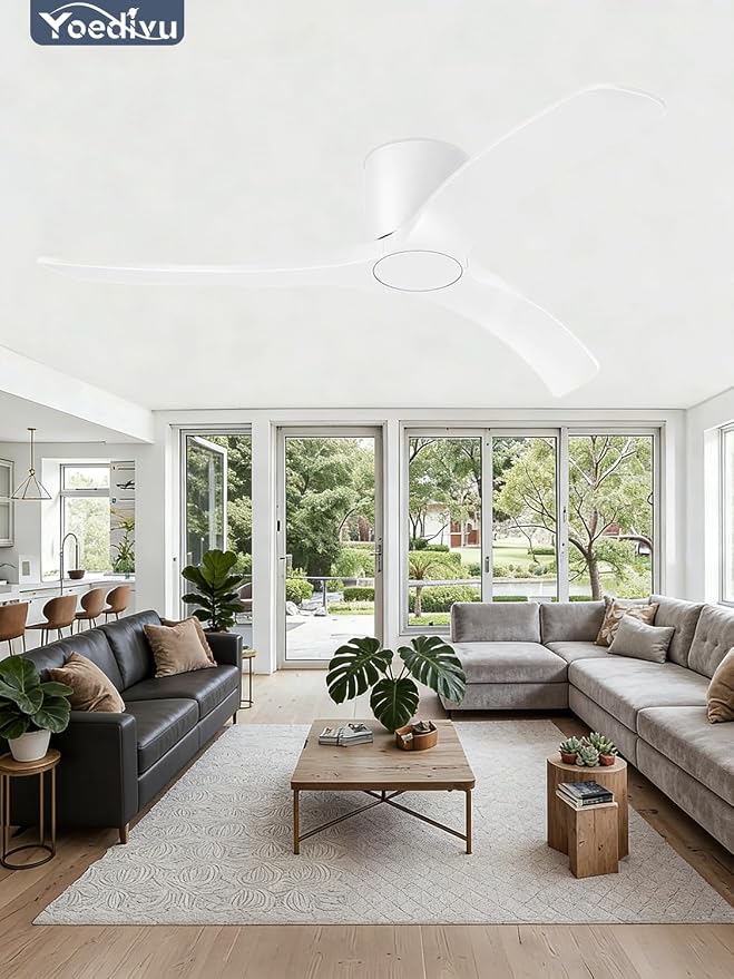 52 Inch Smart Ceiling Fans Without Lights, Low Profile Flush Mount Ceiling Fan with Alexa & Remote Control, 6 Speed Reversible Quiet DC Motor, White Ceiling Fan for Bedroom Living Room Patio