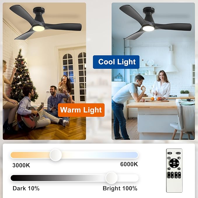 Depuley 42-Inch Ceiling Fans with Lights: Black 3 Blade Flush Mount Low Profile Ceiling Fan for Bedroom - Dimmable Indoor Outdoor Fan with Remote Control Ultra Quiet DC Motor Timer