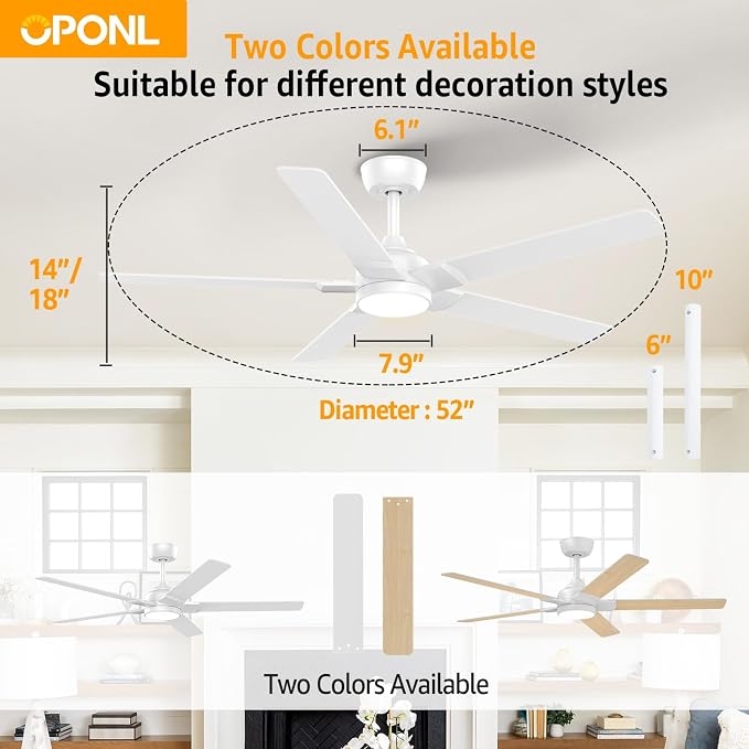 OPONL Ceiling Fan with Light, Ceiling fan with Light and Remote Control, Reversible, 6CCT, Dimmable, Noiseless, Ceiling Fan for Bedroom, Indoor/Outdoor Use, White, 52 inch, Modern