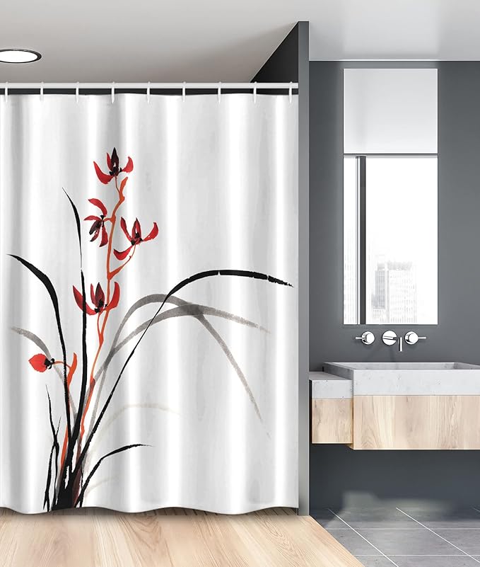 Ambesonne Japanese Stall Shower Curtain, Classic Cultural Chinese Ink Paint of Native Wild Orchids Reflexive Birches, Fabric Bathroom Decor Set with Hooks, 54" W x 78" L, Orange Black