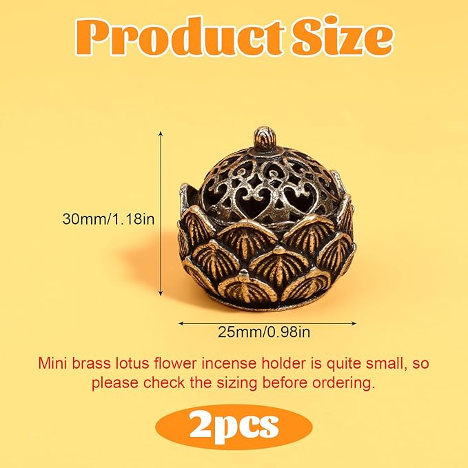 2Pcs Mini Lotus Incense Burner, Small Brass Flower Incense Holder Vintage Incense Cone Burner for Bedroom Kitchen Teahouse Office Home Decor Yoga Spa Mediation