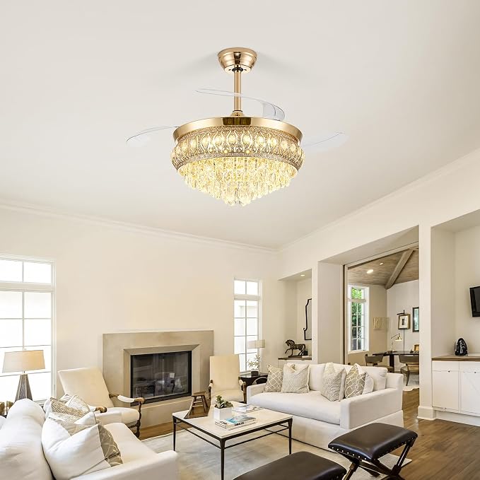48" Fandelier Ceiling Fan with Light, Crystal Retractable Ceiling Fan with Lights and Remote, Chandelier Fans for Bedroom Living Room, Reversible DC Motor, Dimmable, 6 Speeds -Gold