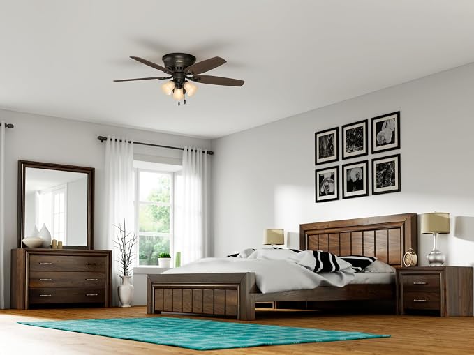 Hunter Builder, Indoor, Ceiling Fan, with LED Lights, 52 inch, New Bronze | Low Profile Flush Mount, Pull Chain, 5 Blades, For Bedroom, Living Room, Kitchen, 53327