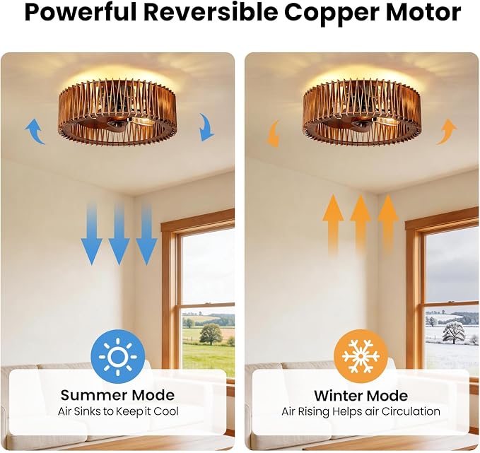 20" Flush Mount Ceiling Fan with Light, Wooden Caged Low Profile Fandelier with Remote, 6-Speed Reversible Bladeless Fan, Farmhouse Ceiling Fan for Bedroom, Kitchen, Living Room