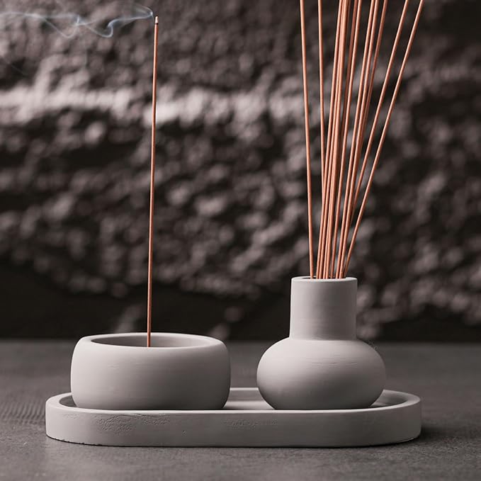 Concrete Incense Burner Set with Holder and Tray,Multifunction Incense Holder for Burning Sage,Palo Santo,Incense Sticks,Ideal for Meditation Home Decor(Grey)