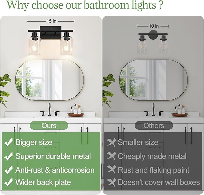 Indoi 2-Light Bathroom Light Fixtures, Matte Black Modern Vanity Lights with Clear Glass Shades, Bathroom Wall Lamp for Mirror Living Room Cabinet Bedroom Porch