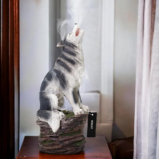 Hosley Incense Burner, Cone Incense Holder, Resin Wolf Décor 12 Inch Height, Aromatic Ambiance, Ideal for Home Décor, Office, Living Room, Spa, Meditation Space, Unique Gift for Wild Lovers
