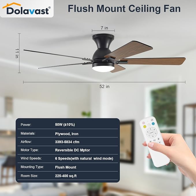 Ceiling Fans with Lights, 52 Inch Low Profile Ceiling Fan with Light and Remote Control, Flush Mount, Reversible, 3CCT, Dimmable LED, Quiet, Black Ceiling Fan for Bedroom, Living Room