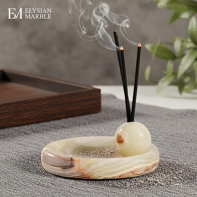 Incense Holder for Sticks, Natural Marble Incense Burner Ash Catcher Plate for Palo Santo, Sage, Meditation, Yoga and Home Decor - Green Onyx