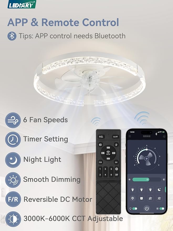 LEDIARY Flush Mount Ceiling Fan with Lights and Remote, 19.7'' Low Profile, 3000-6000K Dimmable Fandelier, 6 Wind Speeds, White Modern LED Fan Light for Bedroom