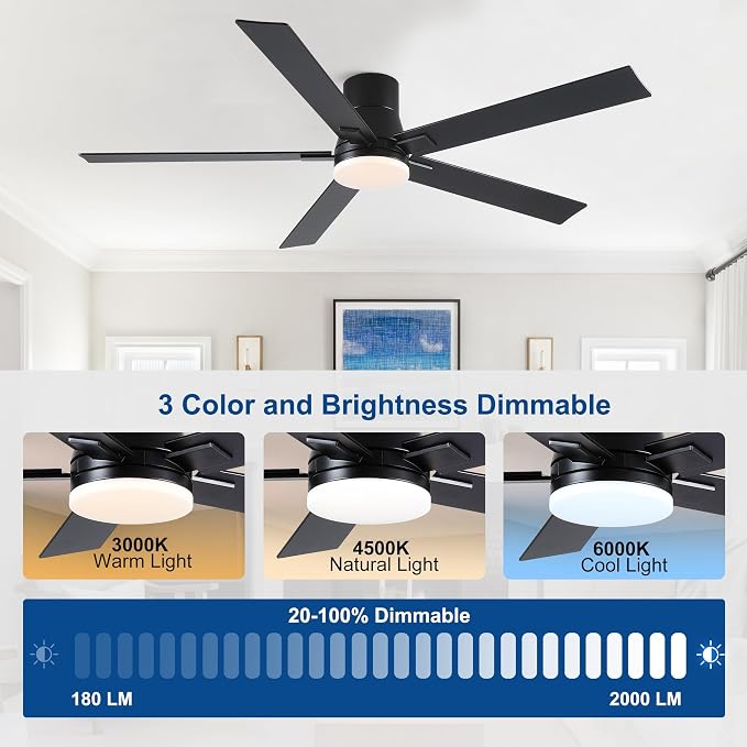 Rayqueen 60 Inch Flush Mount Black Ceiling Fans with Lights and Remote | 6 Speed Reversible DC motor,3-color temperature dimmable LED.For indoor/covered outdoor.Modern style for bedroom room
