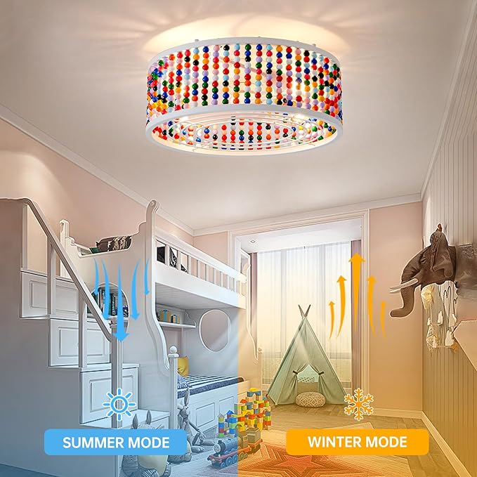 Ceiling Fans with Lights and Remote - Bulbs Included, Caged Fandelier with Handcrafted Beaded Décor 19 inches Reversible Flush Mount Installation Ceiling Fan, Colorful
