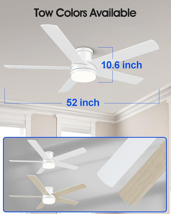 52 Inch Flush Mount White Ceiling Fan with Light and Remote | 6-Speed Quiet Reversible DC Motor, Dimmable 3CCT LED, 3 Timing Settings, 5-Blade Modern Design, Indoor or Covered Outdoor Use