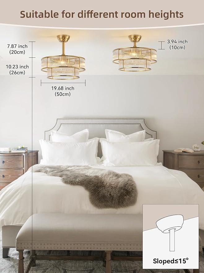 Copper Fandelier Ceiling Fans with Lights, 20" Copper Crystal Chandelier Ceiling Fan with Light Remote Control, Caged Mid Century with 6 Speeds for Bedroom, Living Room, Nursery