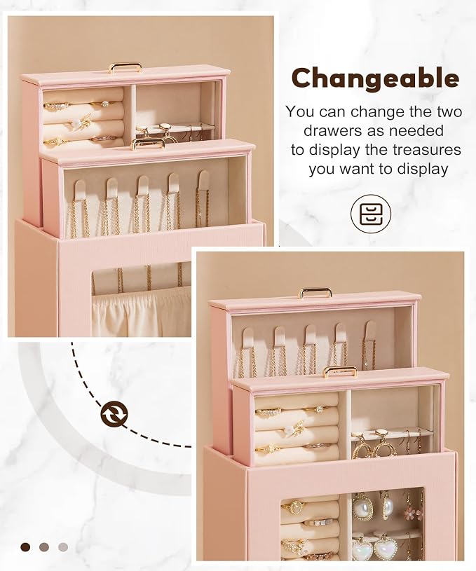 Homde Display Jewelry Box for Girls: Starter Organizer with Clear Window | Vertical Drawers for Earrings Rings Necklaces - Compact Footprint Fits Small Vanities - Birthday&Graduation Gift for Teens
