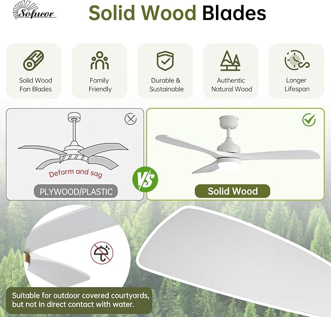 Sofucor 52" Solid Wood Ceiling Fan Lights, Flush Mount & Downrod Mount Ceiling Fan with Lights and Remote, Wood Blades Modern Outdoor Ceiling Fans for Bedroom/Farmhouse/Patio/Indoor