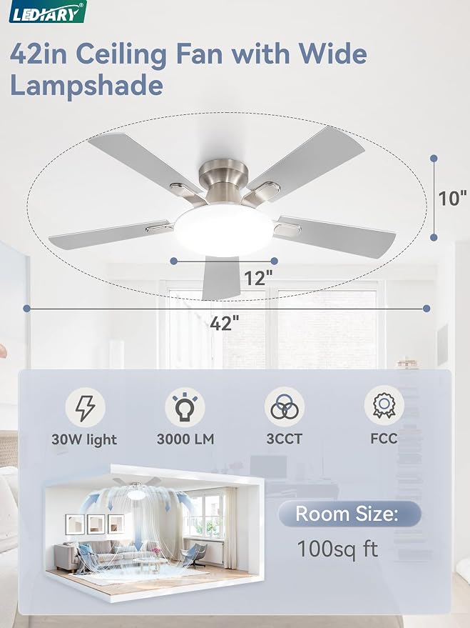 42 Inch Ceiling Fan with Lights and Remote, 30W 12" LED Panel Flush Mount Ceiling Fan, 6-Speed Quiet DC Motor Modern Low Profile Ceiling Fan with Reversible Blades for Bedroom, Living Room, Patio