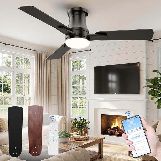 42 Inch Ceiling Fans with Lights, Fast Install Ceiling fan with Light and Remote/APP Control, 3CCT, Dimmable, Noiseless DC Reversible Motor, 3 Blades Black Ceiling Fan for Bedroom Outdoor