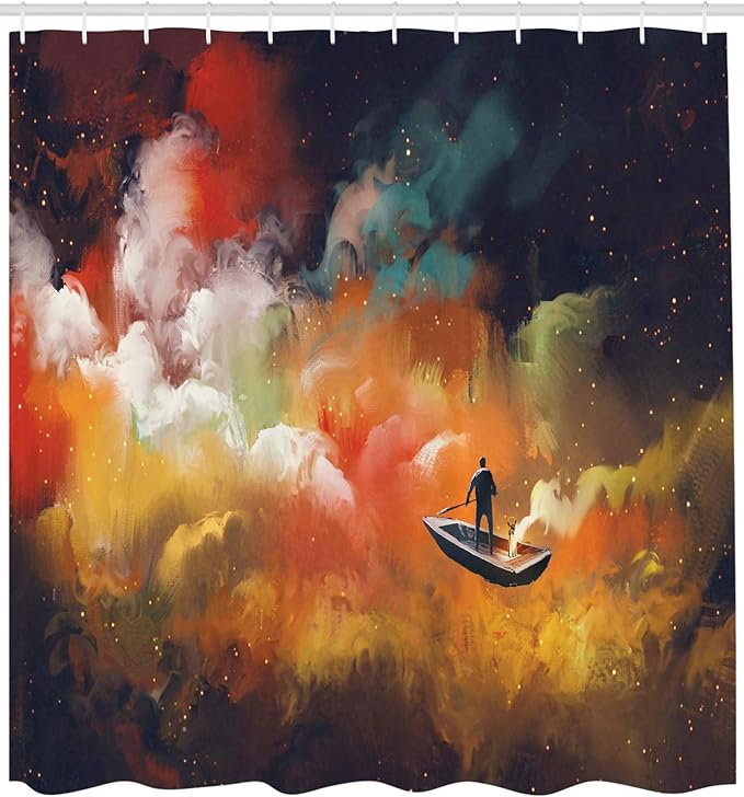 Ambesonne Fantasy Shower Curtain, Man on a Boat Floating Within Nebula Cloud in Vivid Colorful Psychedelic Background, Cloth Fabric Bathroom Decor Set with Hooks, 69" W x 84" L, Night Blue