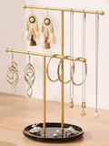 Jewelry Stand with Ceramic Tray, Necklace Holder, Gold Bar Black Base