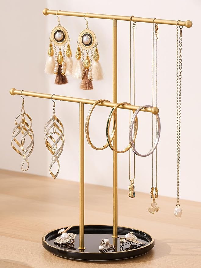 Jewelry Stand with Ceramic Tray, Necklace Holder, Gold Bar Black Base