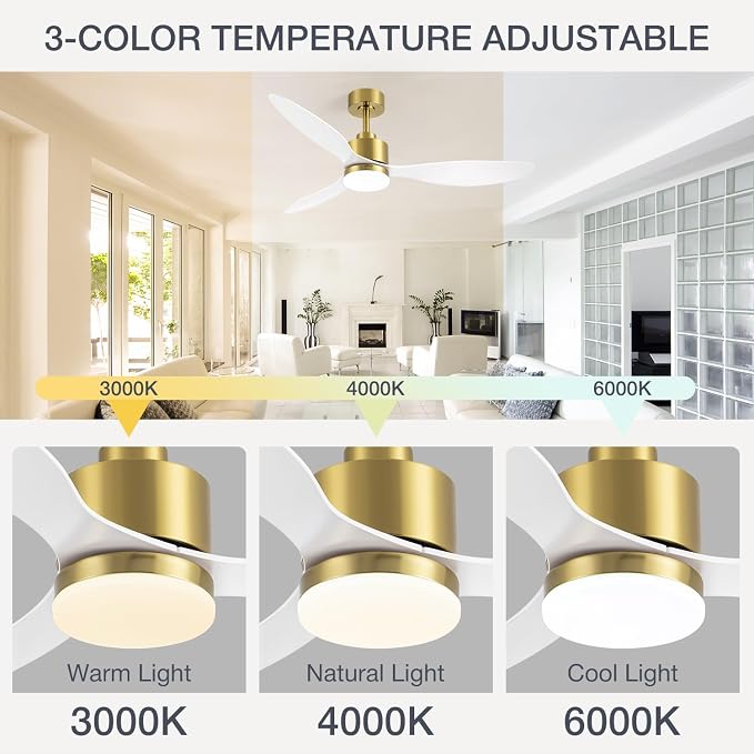 52" Contemporary Ceiling Fans with Lights and Remote, Quiet DC Motor, 3 Reversible Blades, 6-Speed, Modern Gold and White Low Profile Ceiling Fan with 3-Color LED Light Fandelier for Bedroom