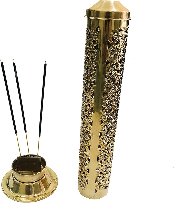 Brass Incense Holder Diwali Pooja Burner Holder Agarbatti Stand Navratri Puja Aarti Ash Catcher for Home,Inddor,Temple Pooja Tower Stand for Positive Energy Size- Height- 10.5 inch