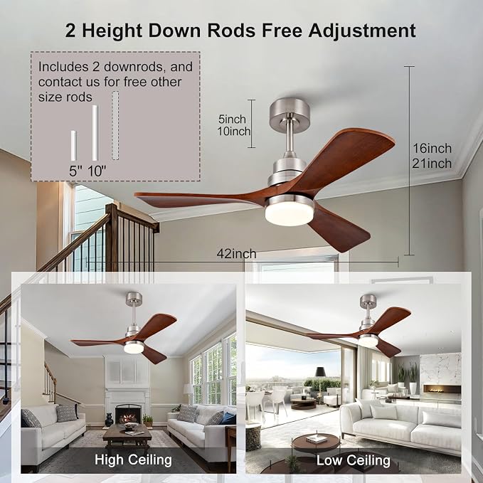 42 Inch Wood Ceiling Fans with Lights and Remote, Brushed Nickel Outdoor Ceiling Fan with Light, Dimmable 3 Blades Outdoor Fans for Patios Noiseless Modern Ceiling Fans for Bedroom Living Room