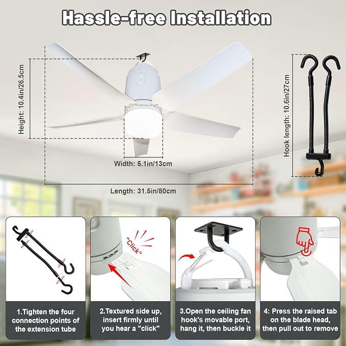 Gazebo Outdoor Ceiling Fan Light 31.5'', 40000mAh Large Portable Ceiling Fan With Remote and Hanging Hook, 4 Wind Speeds, 3000K-6500K Dimmable Canopy Fan Light For Patios, Pop Up Tent, Camping