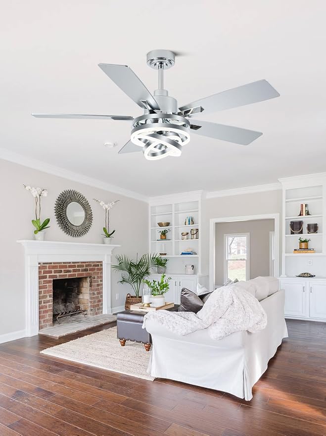 Bella Depot 52" Ceiling Fan with Light, Modern Sliver Chandelier Fan with Remote, Rustic Indoor Fandelier Fan with Silent DC Motor for Living Room Bedroom(Chrome)