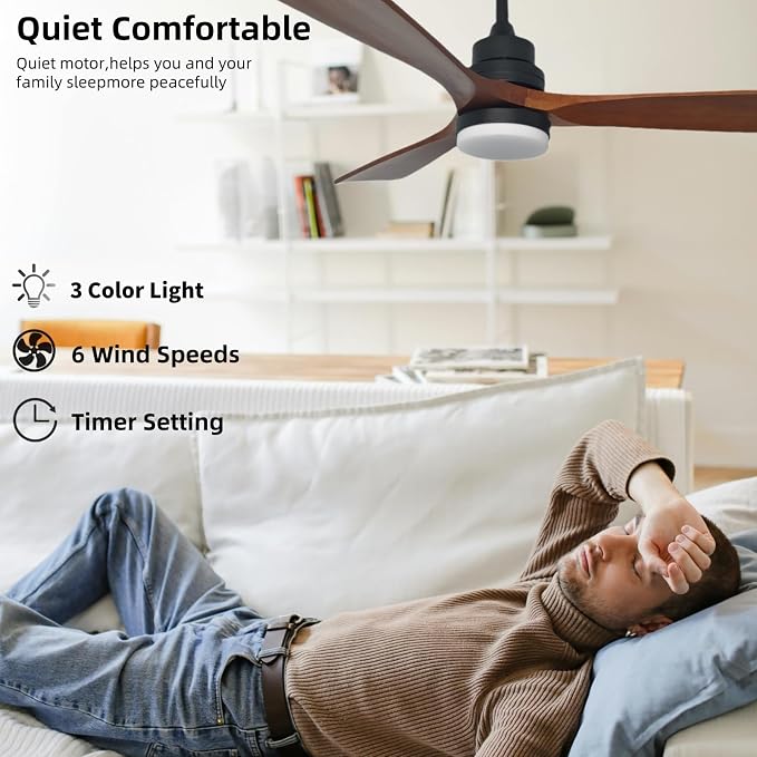 52-inch Ceiling Fan with Light, Remote Control, DC Silent Motor, 3 Solid Wood Blades, LED dimmable and Color-Adjustable, Suitable for Living Rooms, Dining Rooms and bedrooms.(Dark Walnut, 52 inch)