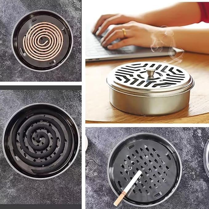 2Pcs Mosquito Coil Holder Stainless Steel Incense Holder Incense Burner Ash Tray with Lid for Home, Outdoor, Camping and Fishing (2Pcs Silver)