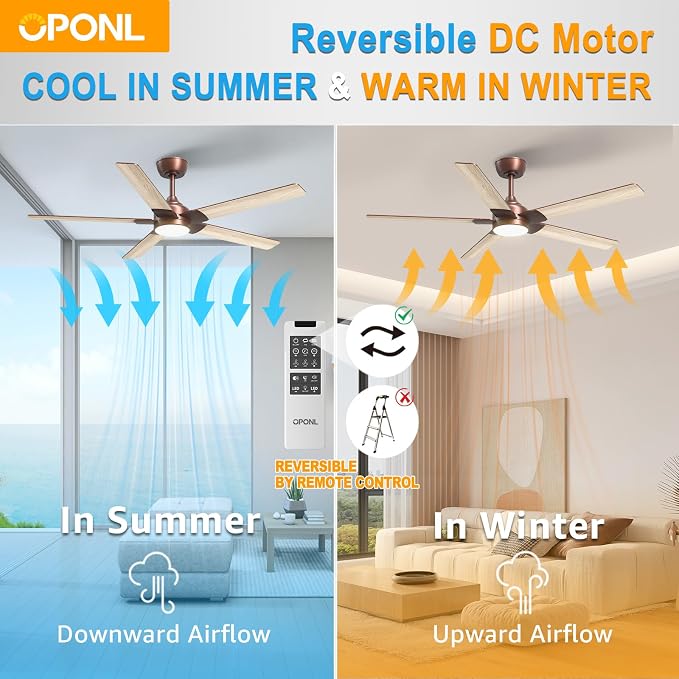 OPONL Ceiling Fan with Light, Ceiling fan with Light and Remote Control, Reversible, 6CCT, Dimmable, Noiseless, Ceiling Fan for Bedroom, Indoor/Outdoor Use, Brown, 52 inch, Modern