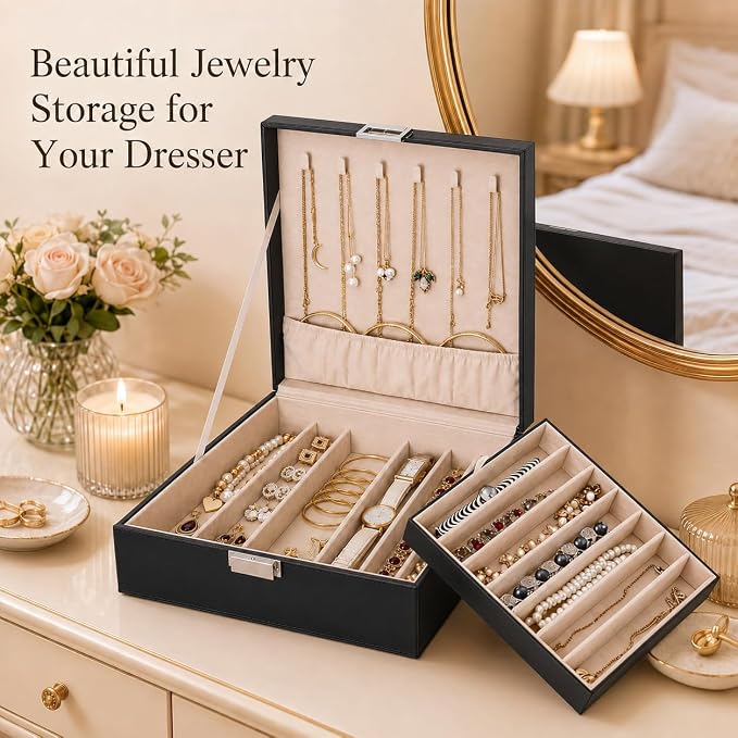 BEWISHOME Jewelry Box for Women, 2 Layer Jewelry Organizer Storage Case with Necklace Holder, Leather Jewelry Organizer Box for Earrings Rings Bracelets, Large Jewelry Storage Box (Black SSH31B)