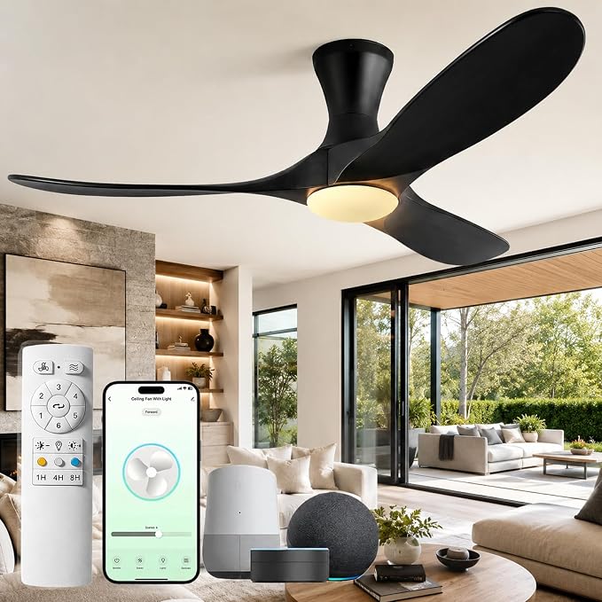 52 inch Smart Flush Mount Ceiling Fans with Lights, Low Profile Ceiling Fan with WIFI Alexa and App Remote Control, Quiet DC Motor, 3 Blades Wood Modern fan for Indoor Outdoor Bedroom Patio, Black