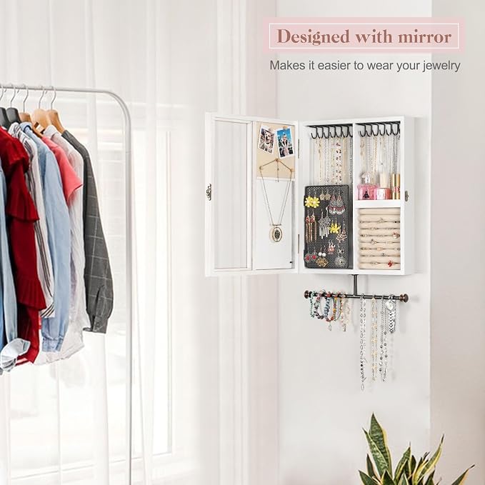 Keebofly Wall Jewelry Organizer Cabinet with Mirror,Rustic Wood Storage for Necklaces, Earrings, Bracelets & Rings, Large-Capacity Hanging Cabinet – White
