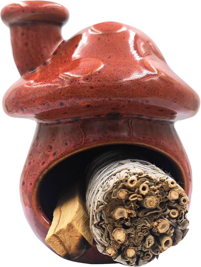 Palo Santo Holder and Sage Burner,Ceramic Mushroom Incense Cone Burner,Mini Chiminea Sage Ash Catcher, Smudge Bowl for Yoga Meditation Home Decor,Speckled Red