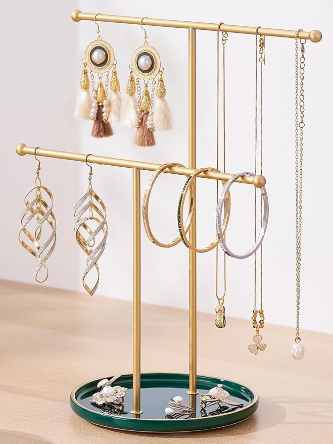 Jewelry Stand with Ceramic Tray, Necklace Holder, Gold Bar Green Base | Ceramic Base, Gift for Women & Girls, Hanging Necklace Organizer Tree, Earrings, Bracelets, Rings, small