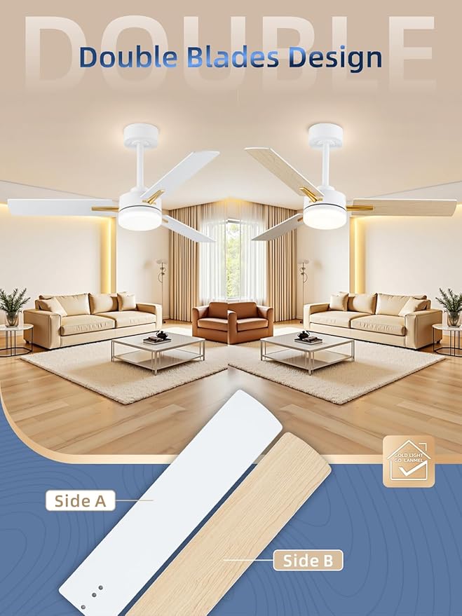 LANMEL 42 Inch Ceiling Fans with Lights, App&Remote Control, Low Profile Modern Ceiling Fan, 6 Speed, Reversible, 3000k-6500k Dimmable LED, Quiet DC Motor for Indoor Outdoor Use, Gold White