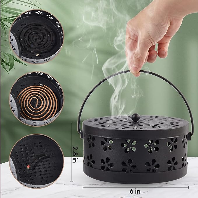 4 Pieces Mosquito Coil Holder Incense Coil Burner Indoor Outdoor Camping Use Portable Mosquito Repellent Coil Holder Incense Burner Holder (Black Blossom)
