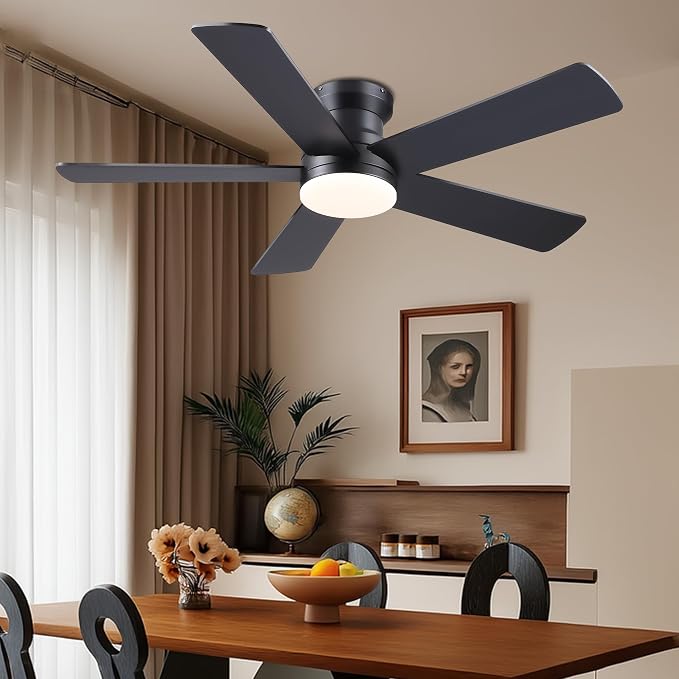 Ayaoty Ceiling Fans with Lights - 48" Black Flush Mount Ceiling Fan Light with 6 Speeds 3CCT Dimmable, Revesible Motor, Low Profile Fan Light for Modern Indoor Bedroom, Kitchen